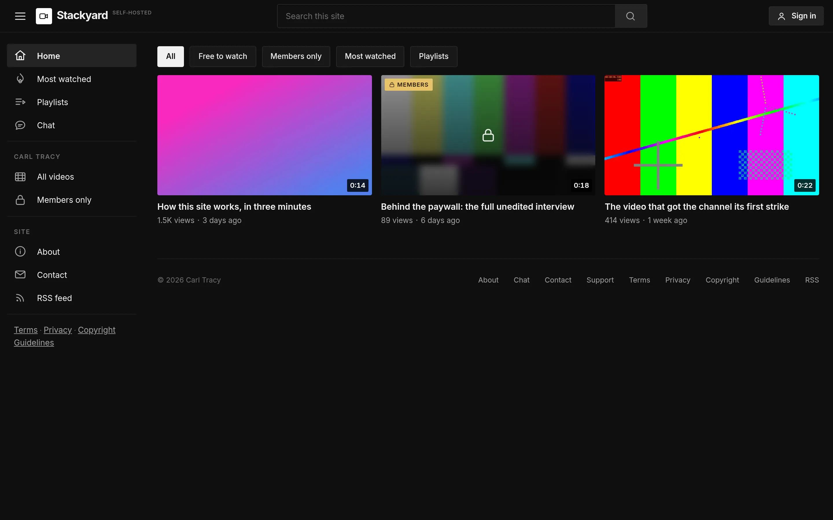 Stackyard: The grid. Squared geometry, white accent, a members badge on the paywalled clip — and video titles that admit this is a testing ground.