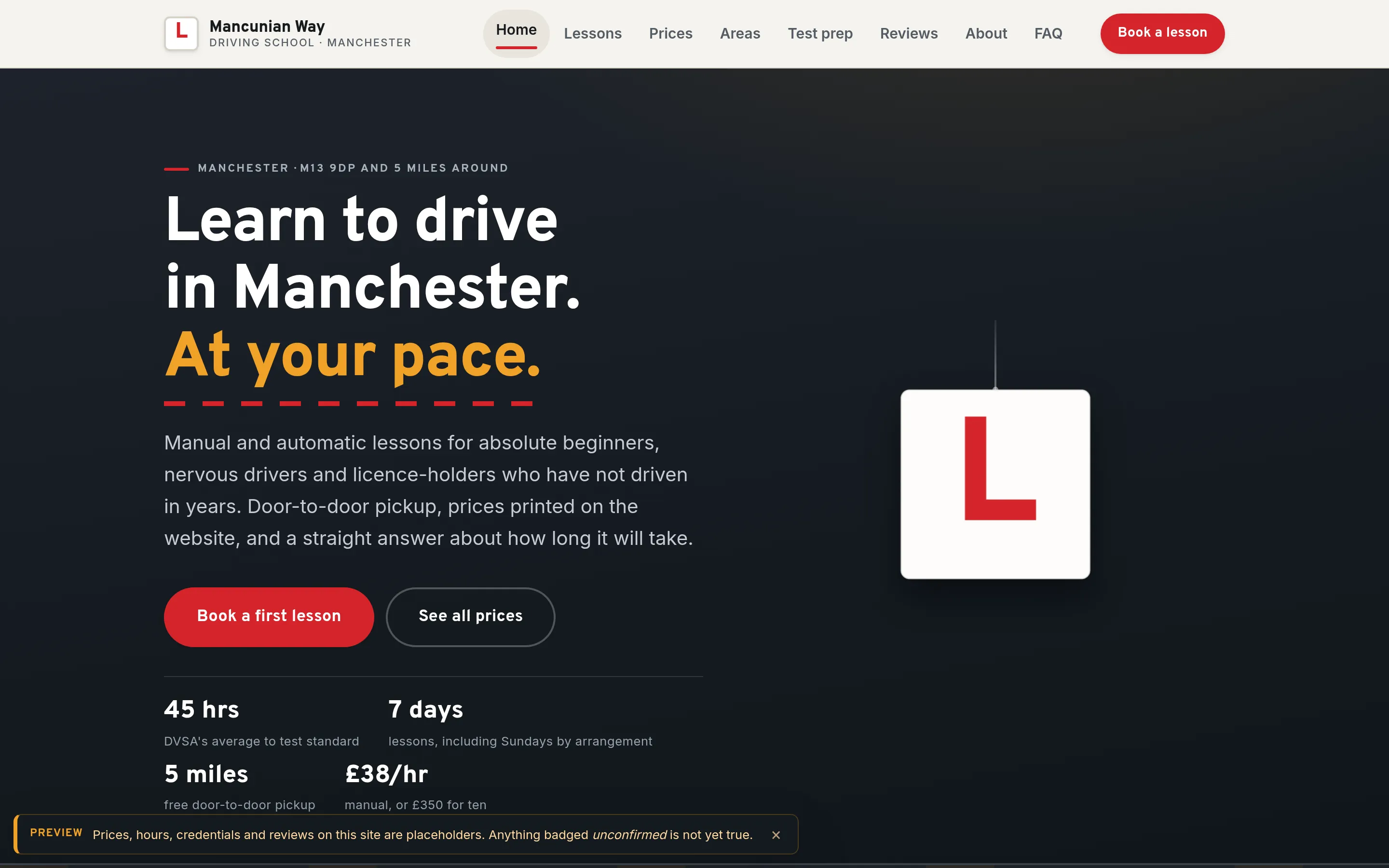 Mancunian Way Driving School: The hero, with the twisting L-plate and five cars crossing the asphalt band below it.
