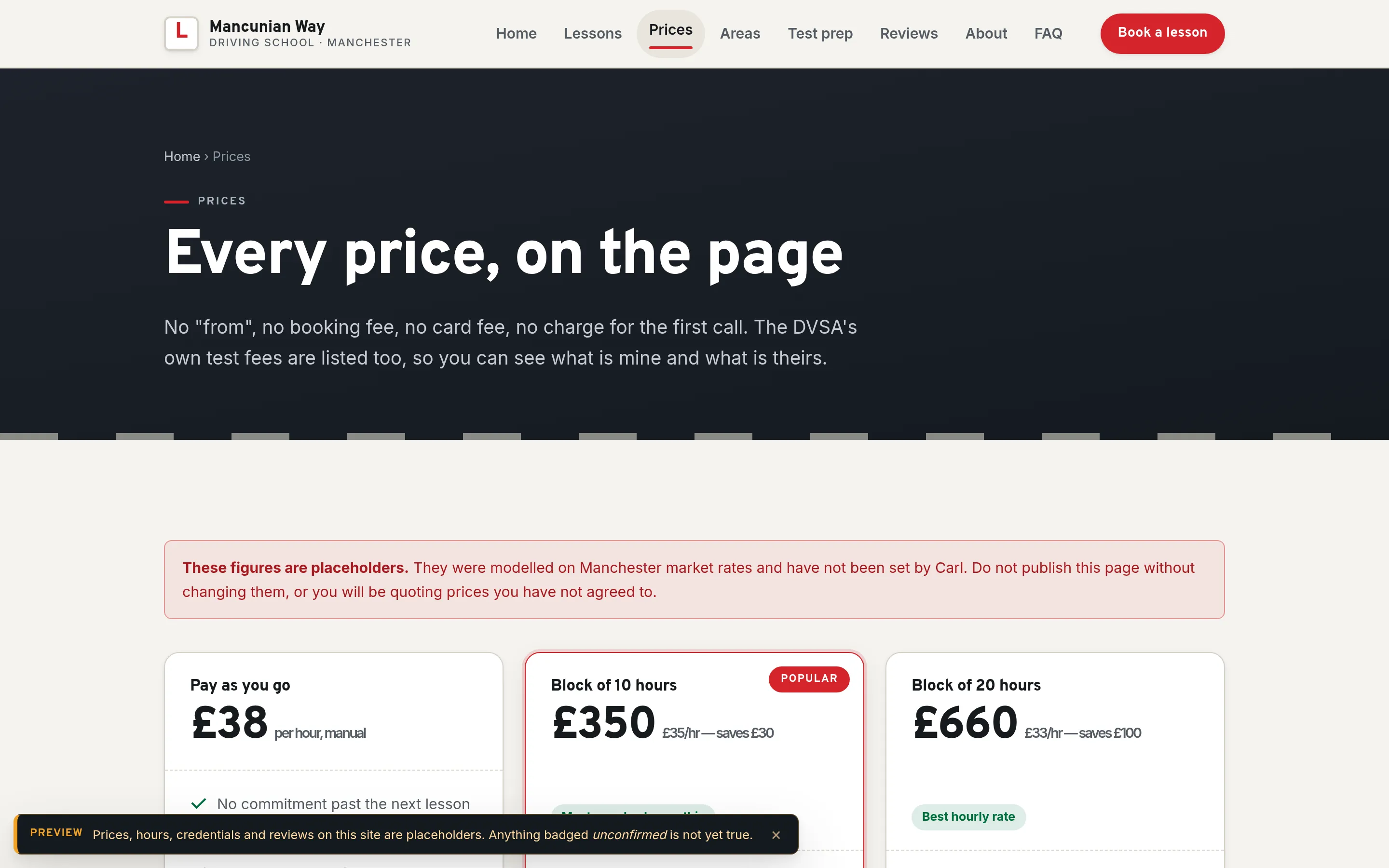 Mancunian Way Driving School: Prices — three blocks and a fifteen-row rate card, with a red box stating outright that the figures are placeholders and the page must not be published unchanged.
