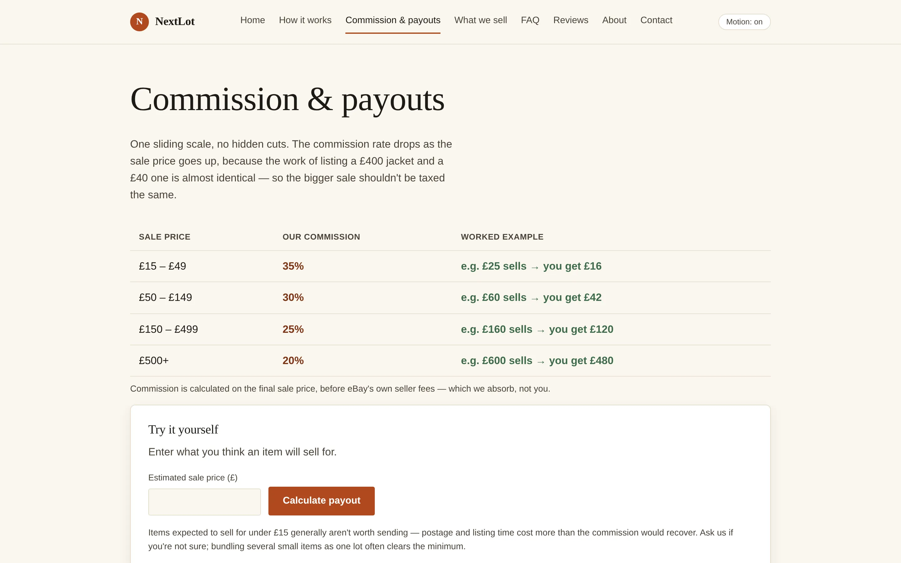 NextLot: The sliding-scale commission table, plus a live calculator underneath it — type a price, see the payout.