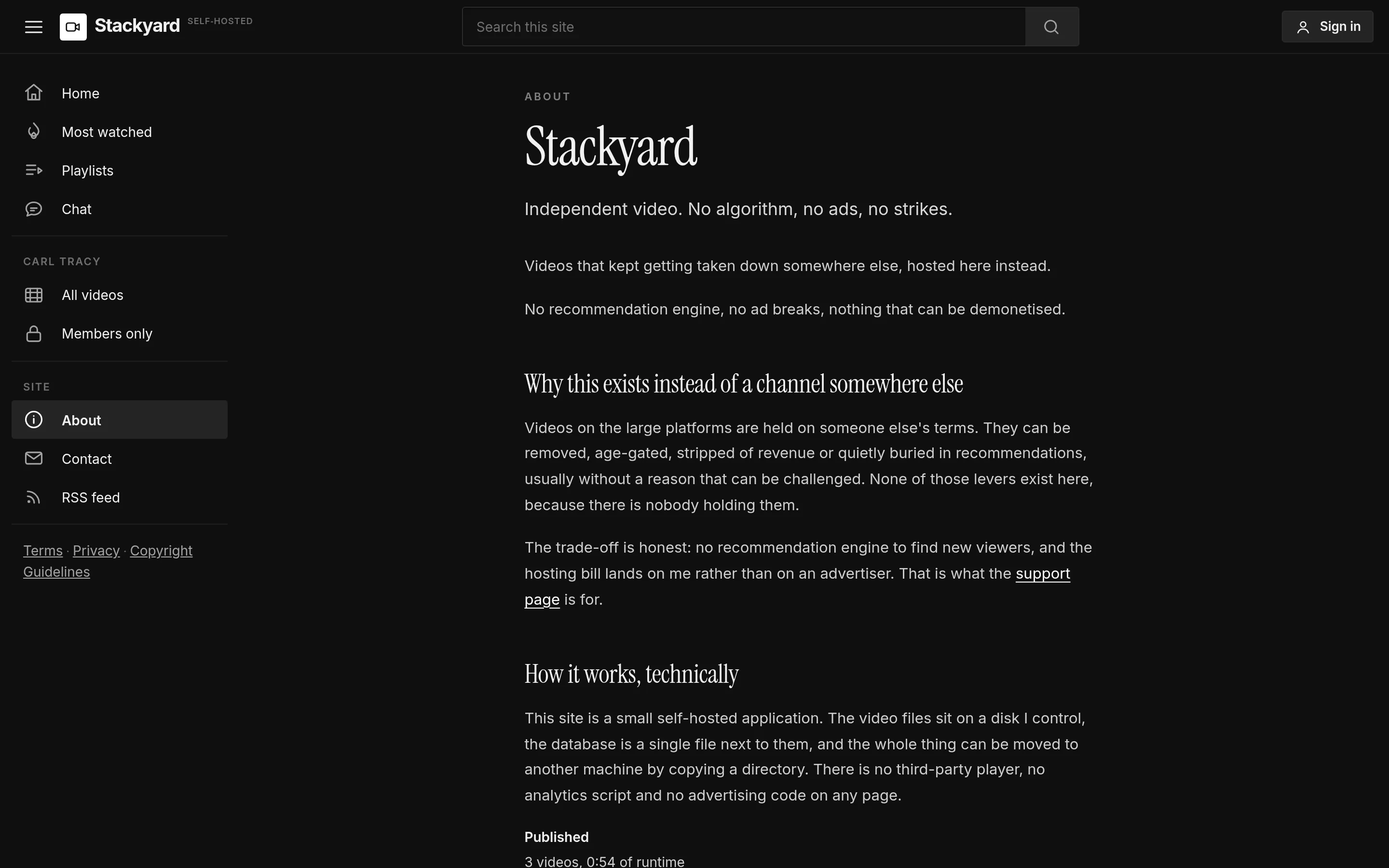 Stackyard: The About page in its editorial register — display serif, generous measure — deliberately different from the app chrome around it.