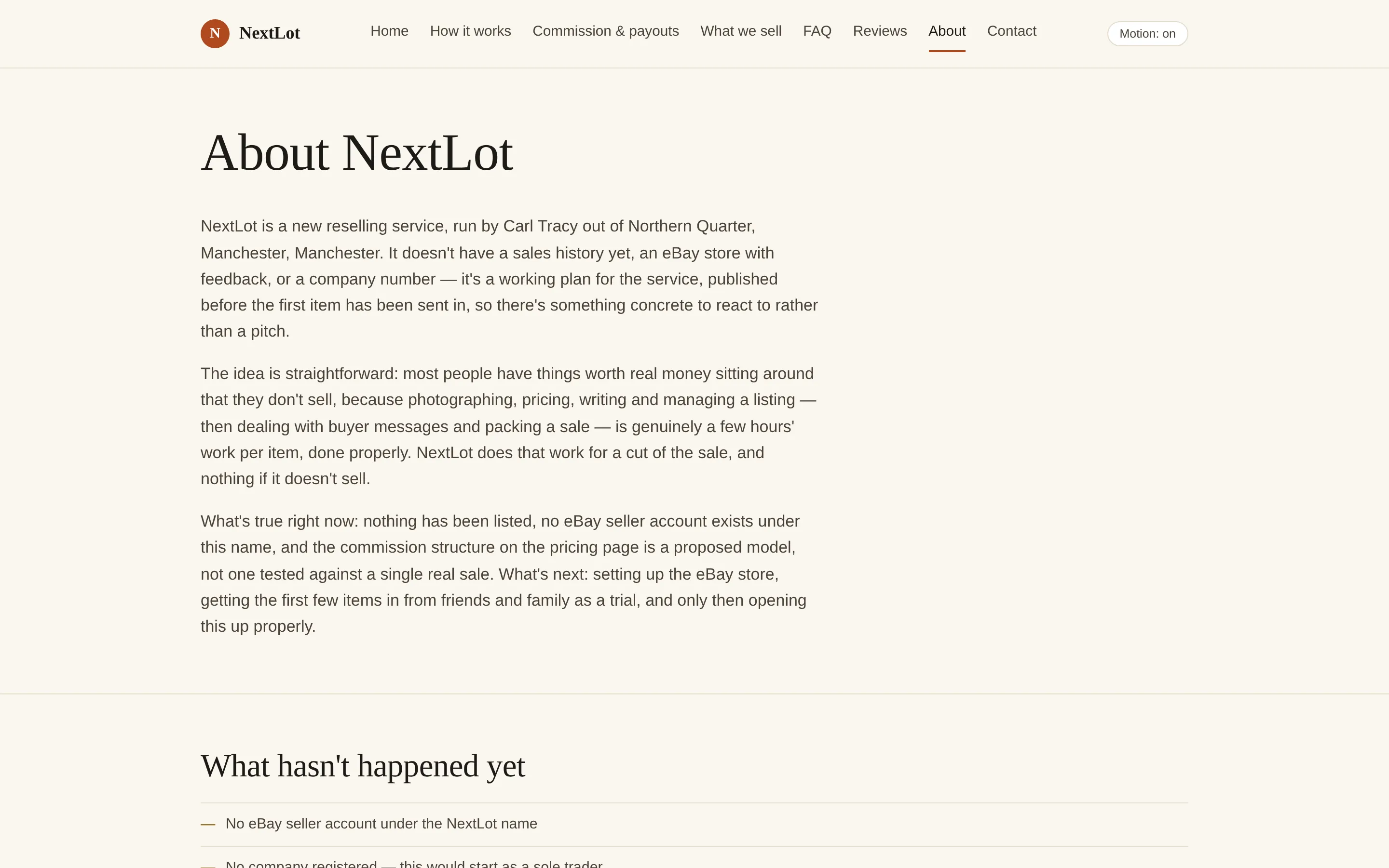 NextLot: The About page's honesty, carried to its logical end: a section titled "What hasn't happened yet."
